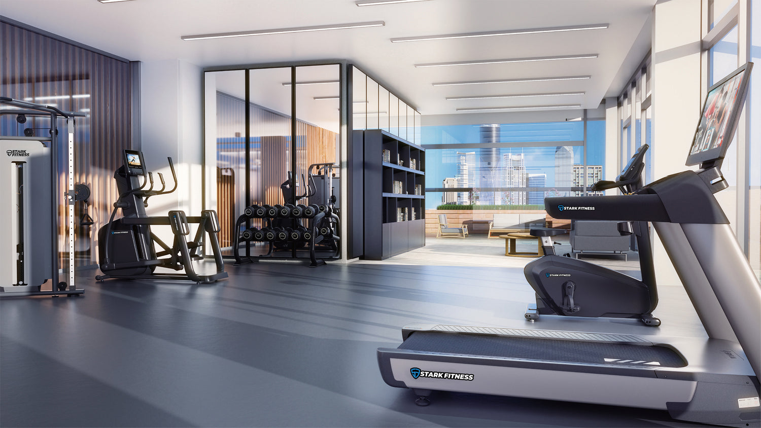 Home Gym Equipment includes treadmill, upright bike, elliptical cross trainer and round dumbbells set